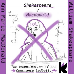 William Shakespeare rewritten by Anne Marie Macdonald. Cover for the essay "The Emancipation of one Constance Ledbelly."