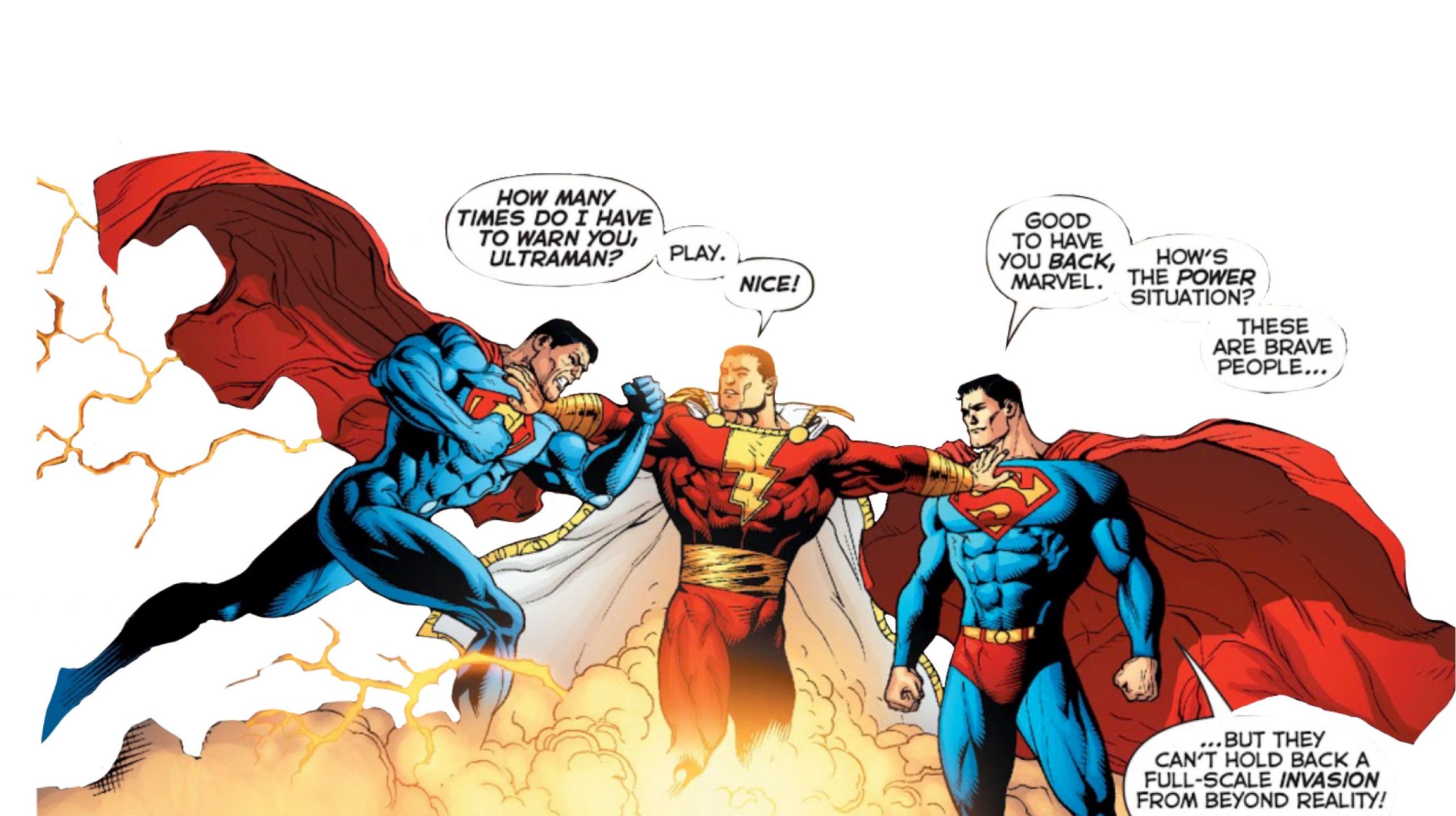 From left to right, Ultraman, Shazam and Superman