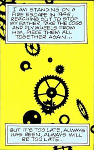 A panel of a clock's mechanism from the graphic novel, Watchmen.