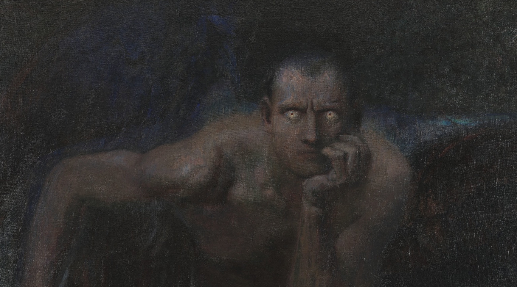 Satan from the epic poem "Paradise Lost", sits in darkness looking directly at the viewer. Painting by Franz von Stuck, "Lucifer", 1890.