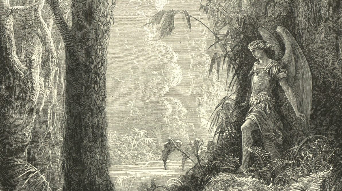 The angel character of Satan in "Paradise Lost" walks through the garden of Eden after escaping hell.