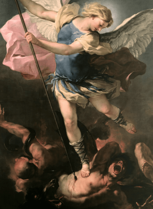 "St. Michael" by Luca Giordano, 1663. The war in the heavens between angels in "Paradise Lost" shows the characters of Michael and Satan in combat.